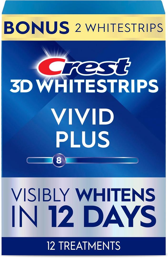 Crest 3D Whitestrips Vivid Plus, Teeth Whitening Strip Kit, 10 Treatments + 2 Bonus Treatments (Each with 1 Upper/1 Lower Strip), 24 Strips, 8 Levels Whiter, Teeth Whitening Kit