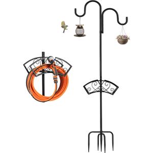 Garden Hose Holder, Upgraded Heavy Duty Water Hose Holder, Freestanding Hose Stand with 2 Shepherds Hooks, Thickened Bird Feeder Pole Detachable Water Pipe Rack Organizer for Outside Yard Lawn