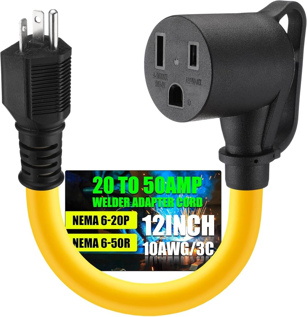 20Amp to 50Amp Welder Adapter Cord Compatible with NEMA 6-20P to 6-50R 3 Prong 20Amp Household Regular to Welder Power Adapter for Welding Machine with Handle, STW 10 AWG, 1FT, ETL Listed