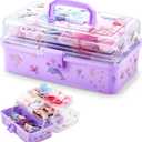 Ziliny Hair Accessories Organizer for Girls 13 in Hair Box Bin Organizer Plastic 3 Layer Containers Storage Box with Handle Sticker Fold Tray (Accessories Not Included)(Purple)