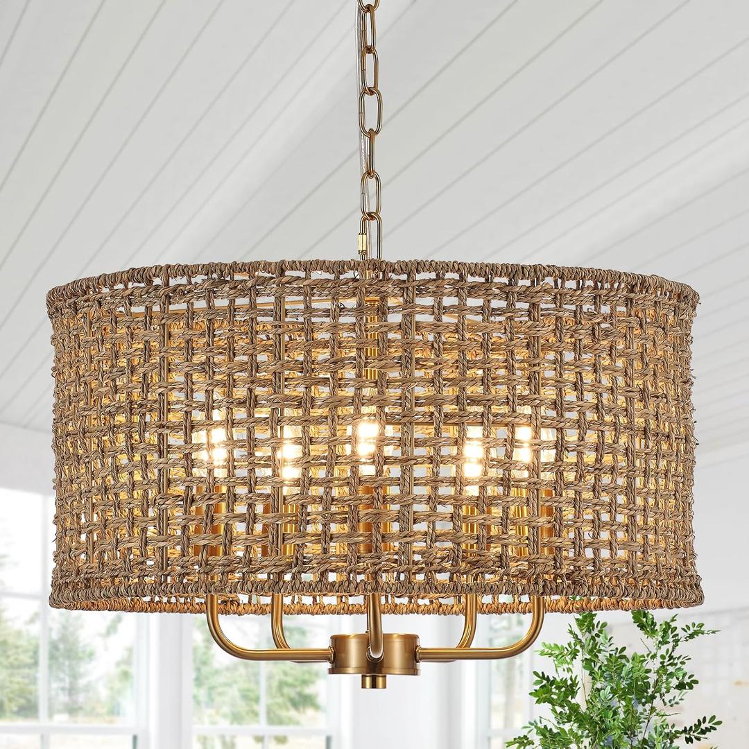 Hand-Woven Rattan Chandelier Vintage Farmhouse Boho Bamboo Golden Chandelier Light Fixture Retro 5-Lights Drum Wicker Gold Chandeliers for Dining Room, Kitchen Island, Living Room (Gold 19.7")