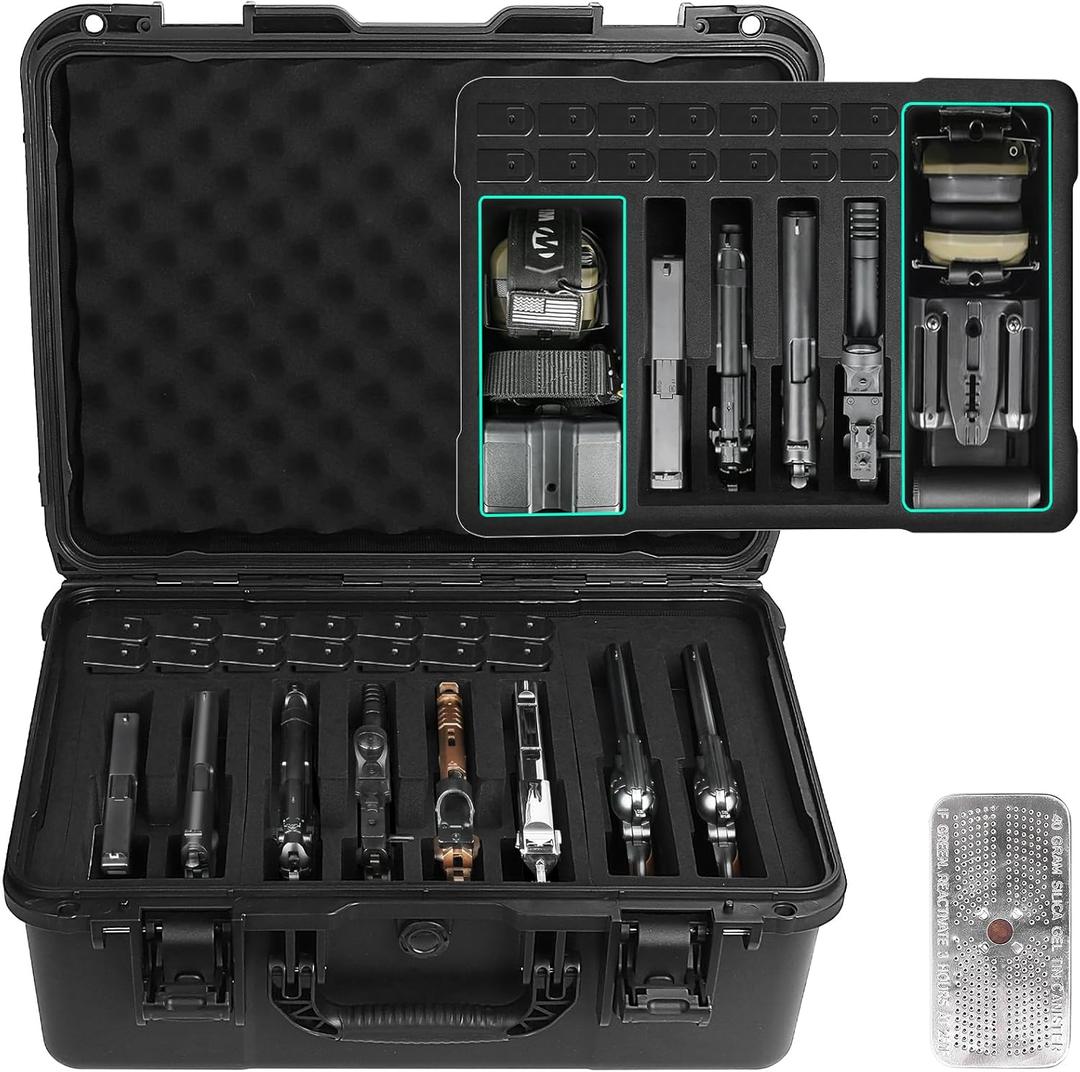 Pistol Case Holds 5 Handguns and 11 Magazines, TSA Approved Hard Shell Gun Cases for Handguns, 16 Inches Custom Pre-cut Foam Waterproof Handgun Case