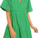 PRETTYGARDEN Eyelet Dresses for Women 2026 Summer Short Sleeve V Neck Hollow Out Ruffle A Line Boho Beach Vacation Mini Dress (Green, S)