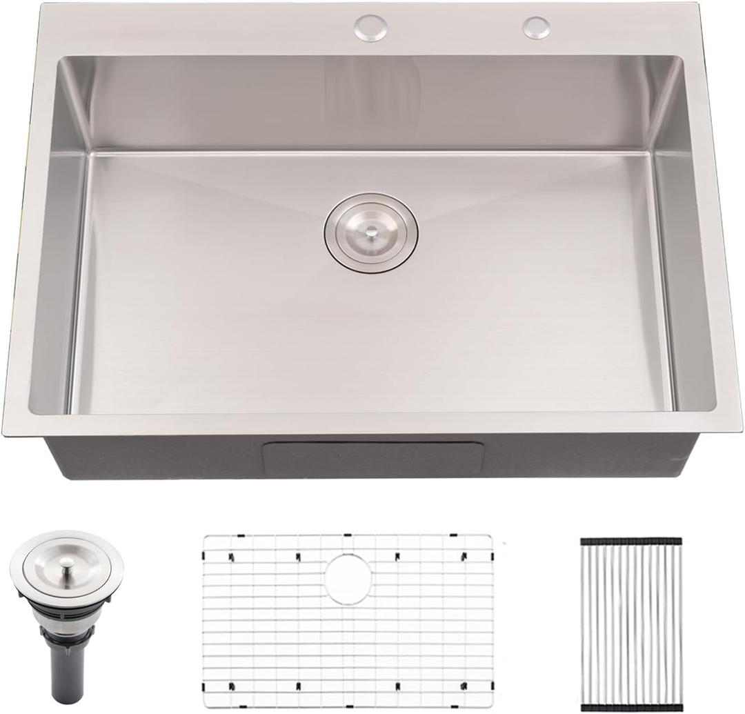 32 -inch Drop in Kitchen Sink - VOKIM 32"x 19" Inch Drop-in sink Stainless Steel Single Bowl Kitchen Sink With Dish Grid, 32"X19"X9"