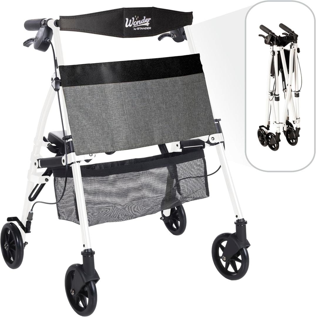 Stander Wonder Rollator Plus Short, Lightweight Junior Folding Mobility Aid for Petite Adults, Seniors, and Elderly, Collapsible Travel Rolling Walker with Four Wheels and Seat, Vivid White