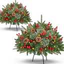 Waipfaru Outdoor Christmas Tree Urn Filler, Prelit Planter Bushes, 22 Inch Lighted Artificial Christmas Tree with Cones & Red Berries for Front Porch Pot Filler Planter Christmas Decorations, 2 Pack