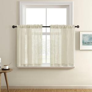 XTMYI Small Window Curtains for Kitchen,Rustic Country Sheer Short Curtain for Bathroom Bedroom,30 Inch Length,Tan Beige