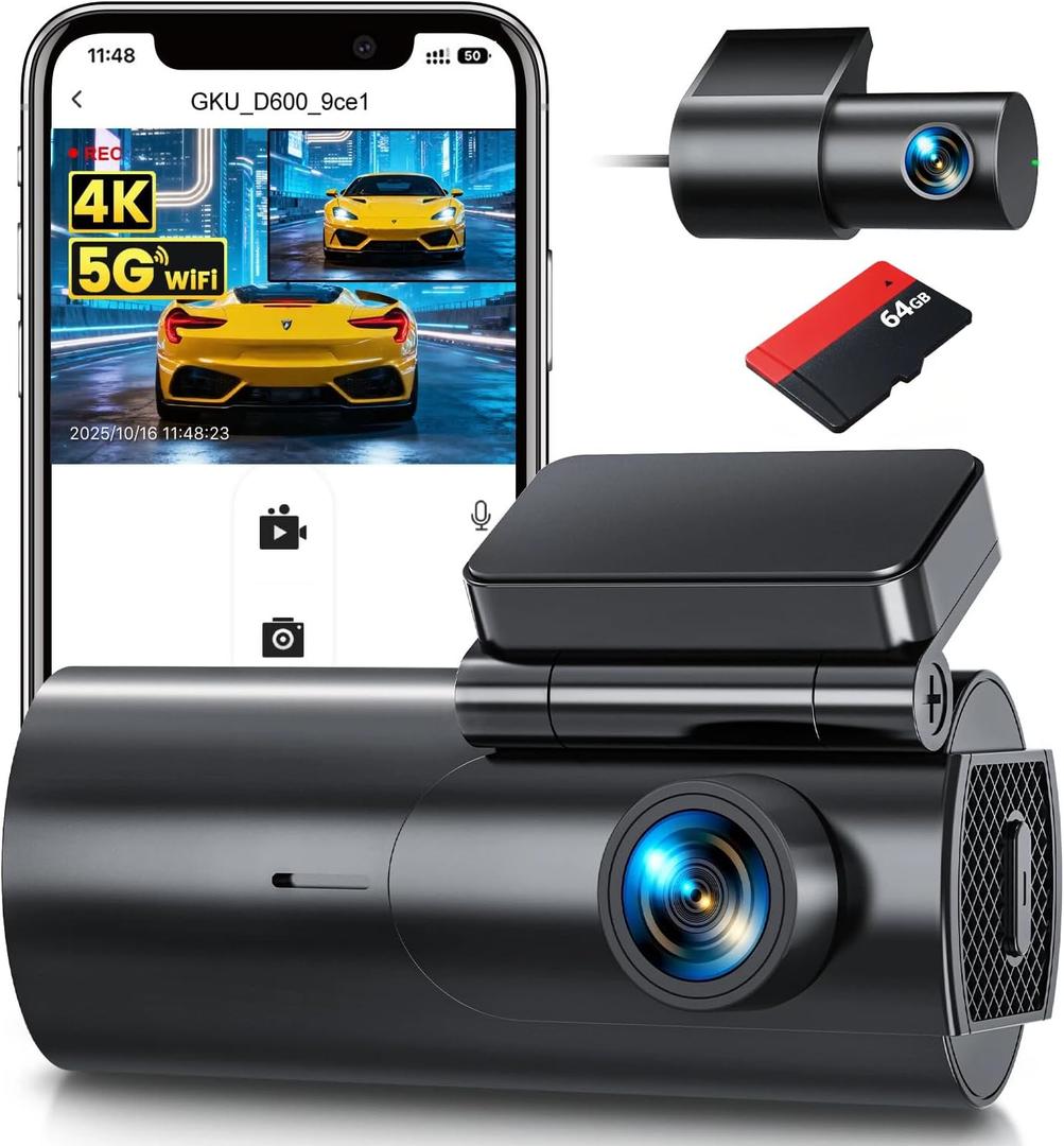 GKU Dash Cam Front and Rear Camera  4K+1080P Dual Dash Camera for Cars with 64GB SD Card, 5GHz WiFi & App Control, Night Vision, Parking Mode, G-Sensor, Loop Recording, WDR, 170 Wide Angle (D600)