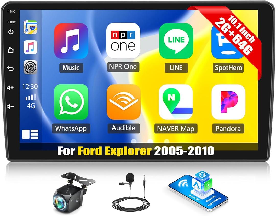 SIXWIN Android Car Stereo for Ford Explorer 2005-2010 with Wireless CarPlay Android Auto Mirror Link 2G+64G 10.1 Inch Touchscreen Bluetooth GPS Navigation WiFi FM Backup Camera MIC