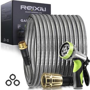 100FT Metal Garden Hose - Stainless Steel, Heavy Duty, Flexible & Lightweight, Never Kink and Tangle, with 10-Function Nozzle, Pressure Resistant for Outdoor Use (Yellow)