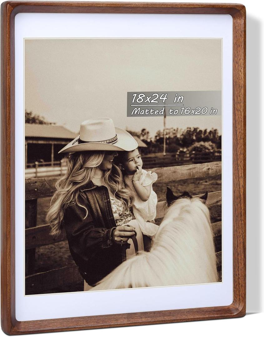 18x24 Picture Frame with Mat for 16x20, USA-Sourced Natural Walnut Wood Handcrafted Rounded Corner with Plexiglass, Vertical or Horizontal Display Photo Gallery Poster Wall Mounting Frame, 18x24 Matted to 16x20