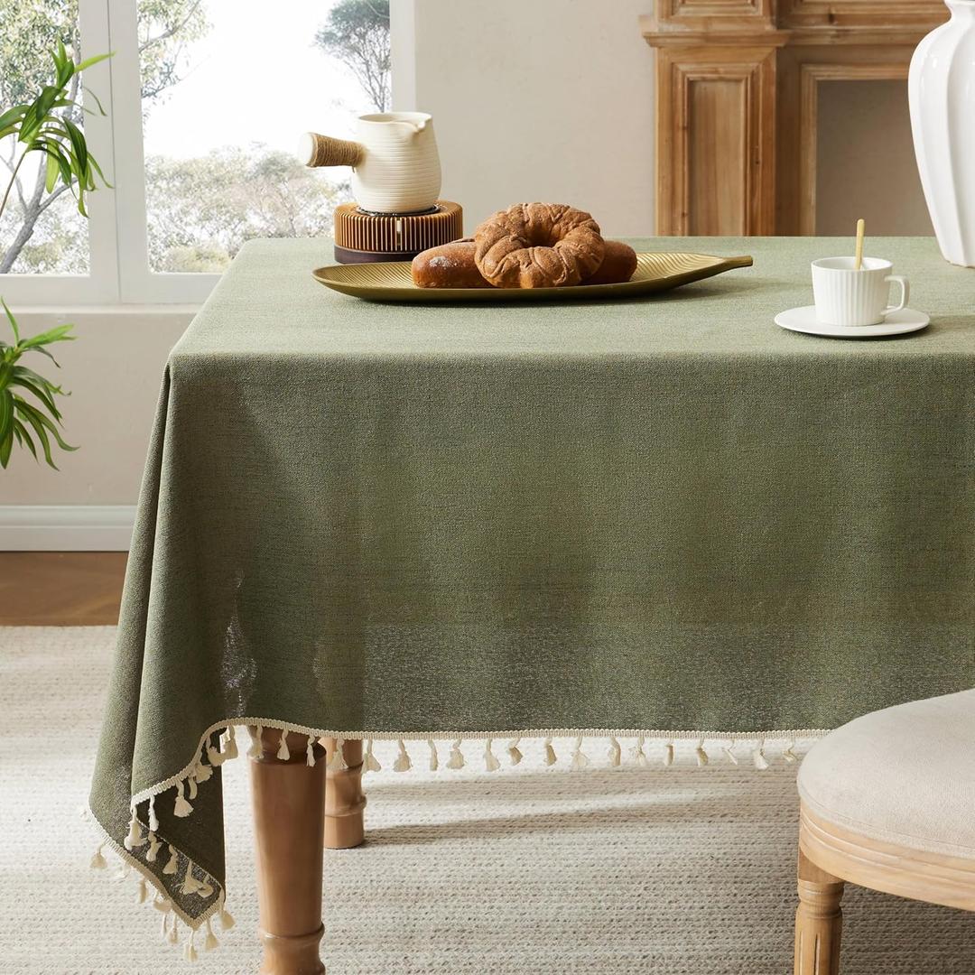 Linen Tablecloth with Tassels, Farmhouse Style Green Tablecloth, Water Resistant Burlap Tablecloths for Rectangle Table, 60x84 Inch Olive