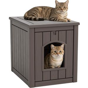 Cat Litter Box Enclosure, Openable Front Door Outdoor Enclosed Cat Litter Box, Outdoor Cat House Weatherproof Raised Floor, Easy to Clean, Grey