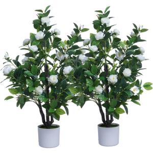 Artificial Camellia Tree 35in Faux Floral Plant with White Flowers and Green Leaves - No Maintenance Indoor Outdoor Office Home Porch Decor Housewarming Gift(2PackWhite)