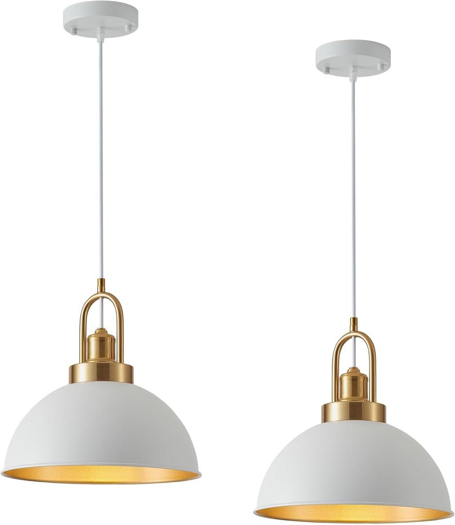 Farmhouse 11.81" White Pendant Light with Gold Finish, Industrial Metal Hanging Lighting Fixtures, Adjustable Height Dining Room Chandelier for Kitchen Island Hallway and Foyer 2 Pack