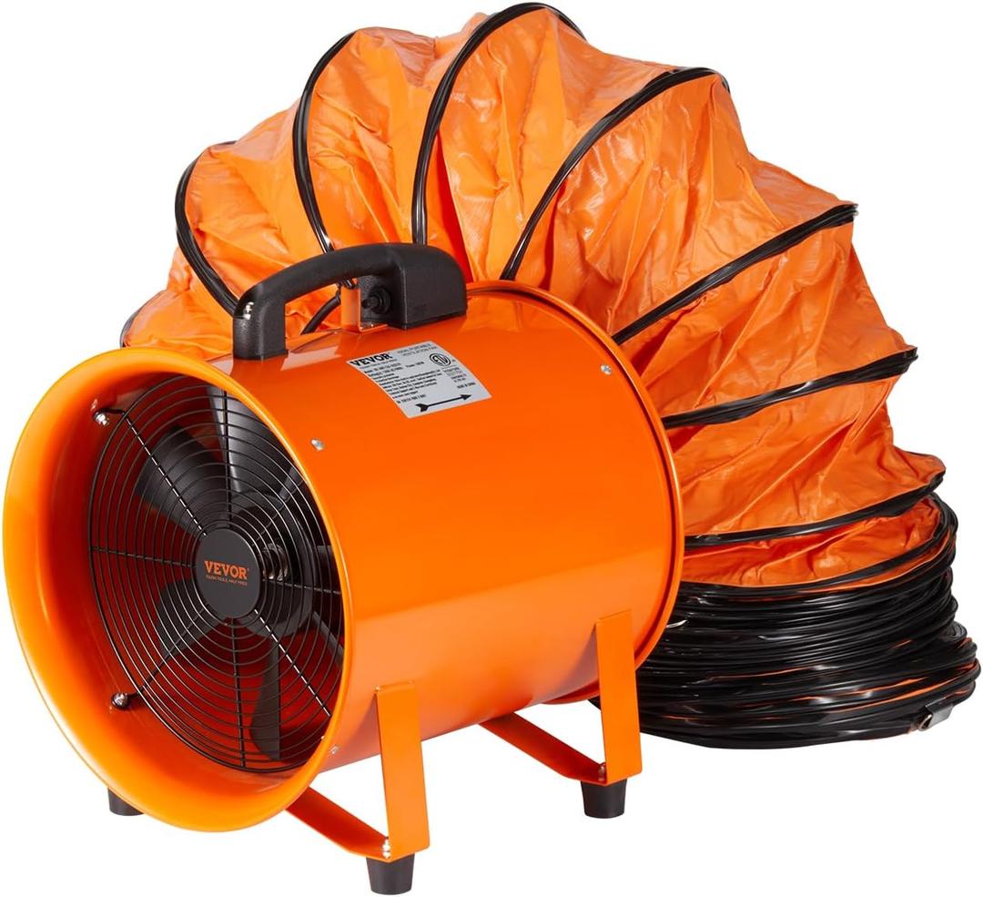 VEVOR Portable Utility Blower Fan, 12 Inch 585W 3198 CFM Heavy Duty Cylinder Axial Exhaust Fan with 33ft Duct Hose, Industrial Ventilator for Ventilating Workshops, Confined Space (12 Inch)