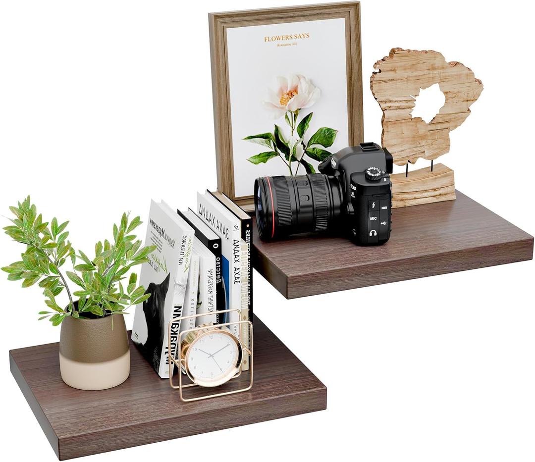 12 Inch Deep Floating Shelves for Wall, Solid Wooden Floating Shelf 16 Inch Long, Rustic Bathroom Shelves Over The Toilet Set of 2, Live Edge Shelf with Invisible Brackets for Home Decor