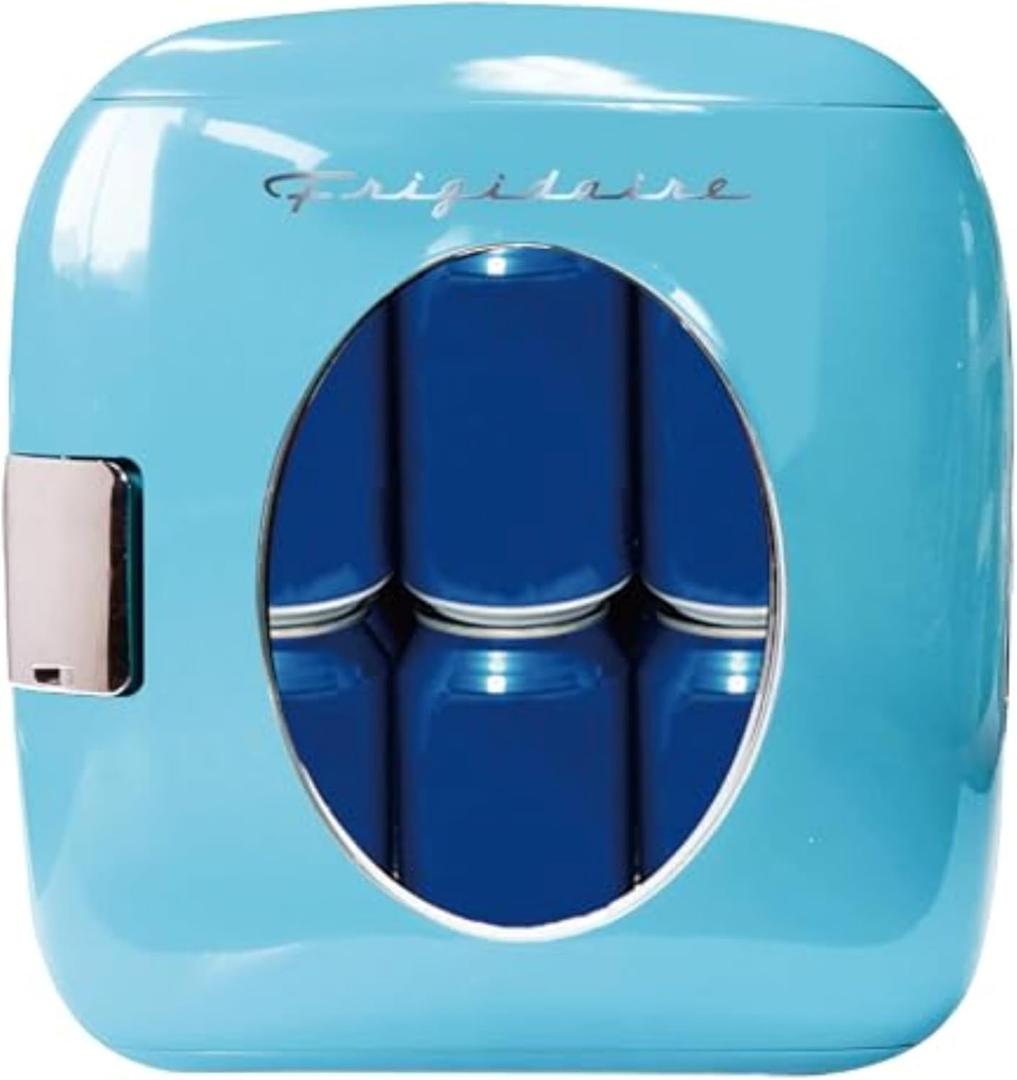 Frigidaire Retro Mini Portable Compact Personal Fridge, 9 Liter Capacity Chills 12 Cans, 100% Freon-Free & Eco Friendly, Includes Plugs for Home Outlet & 12V Car Charger - Blue, standard