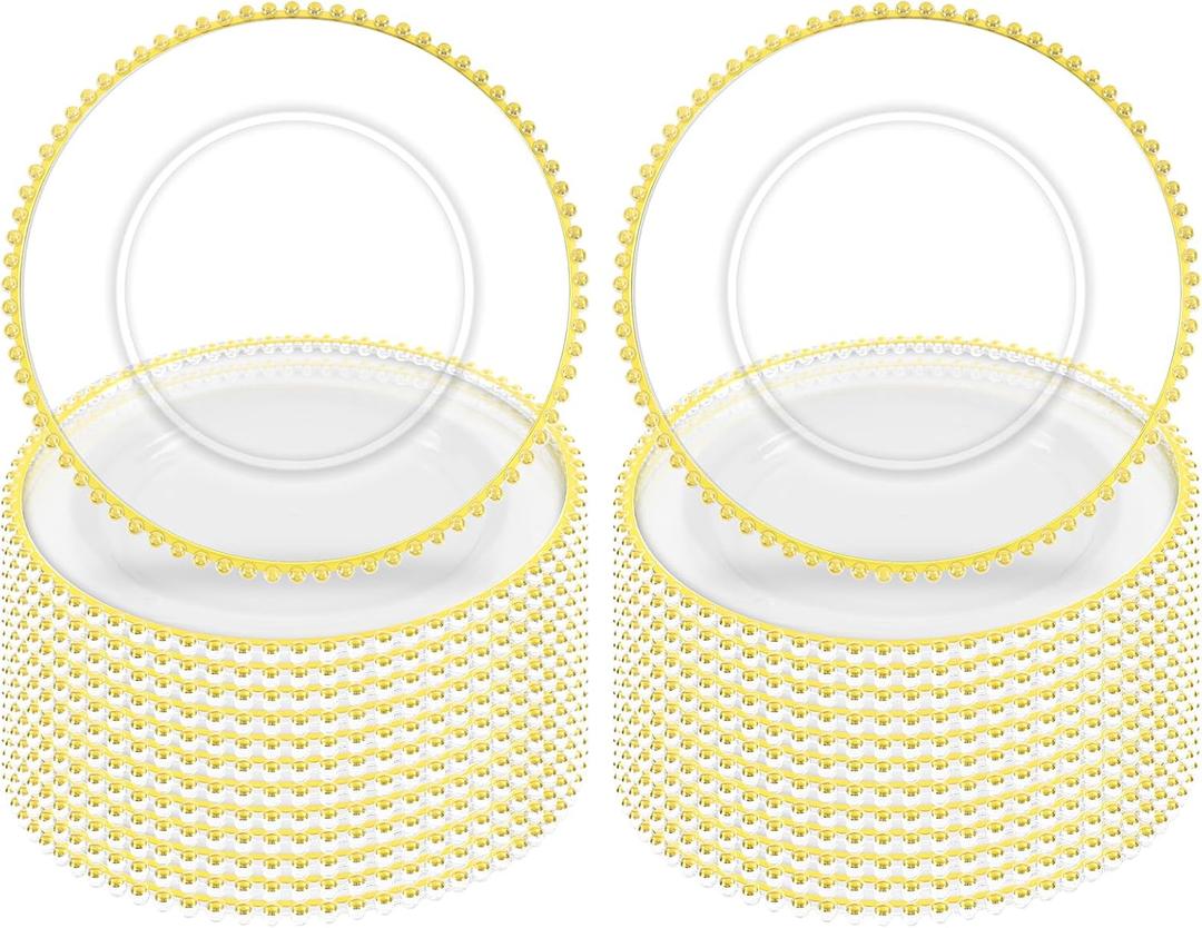 24 Pack Clear Charger Plates With Gold Beaded Rim - 13 Inch Plate Chargers for Dinner, Acrylic Decorative Plates, Transparent Decorative Dinner Charger Plates for Events & Parties (Gold)