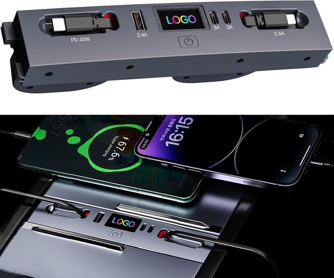 USB Hub for 2025 2026 Tesla Model Y Juniper, 2024 2025 Tesla Model 3 Highland Retractable Fast Car Charger Hub with 5 Port, Tesla Center Console Accessories for Phone Fast Charging Fit iPhone Samsung