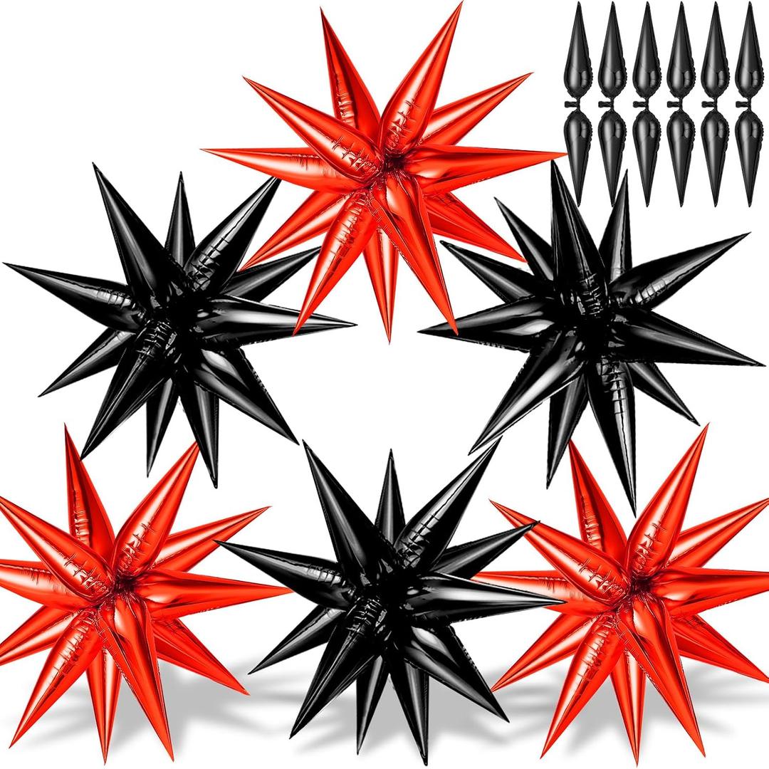 74 PCS Black Red Star Balloons - 26 Inch Foil Explosion Metallic Balloons Large Spike Balloon for Birthday Halloween Graduation Anniversary Party Decorations