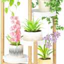 LASZOLA Bamboo White 5 Tier Heavy Duty Plant Stand Indoor, Tall Multiple Level Vertical Planter Rack for Modern Narrow Corner, Slim Spiral Flower Holder Organizer Display for House Decor, Plastic Tray