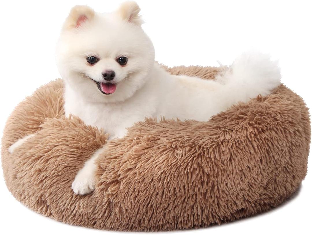 nononfish Small Puppy Beds for Small Dogs Washable - 19 Inches Round Faux Fur Pet Bed for Puppy and Cat Donut Fluffy Plush Orthopedic Doggy Beds Relief Improved Sleeping,Camel (19.0"L x 19.0"W x 6.0"Th, Brown)
