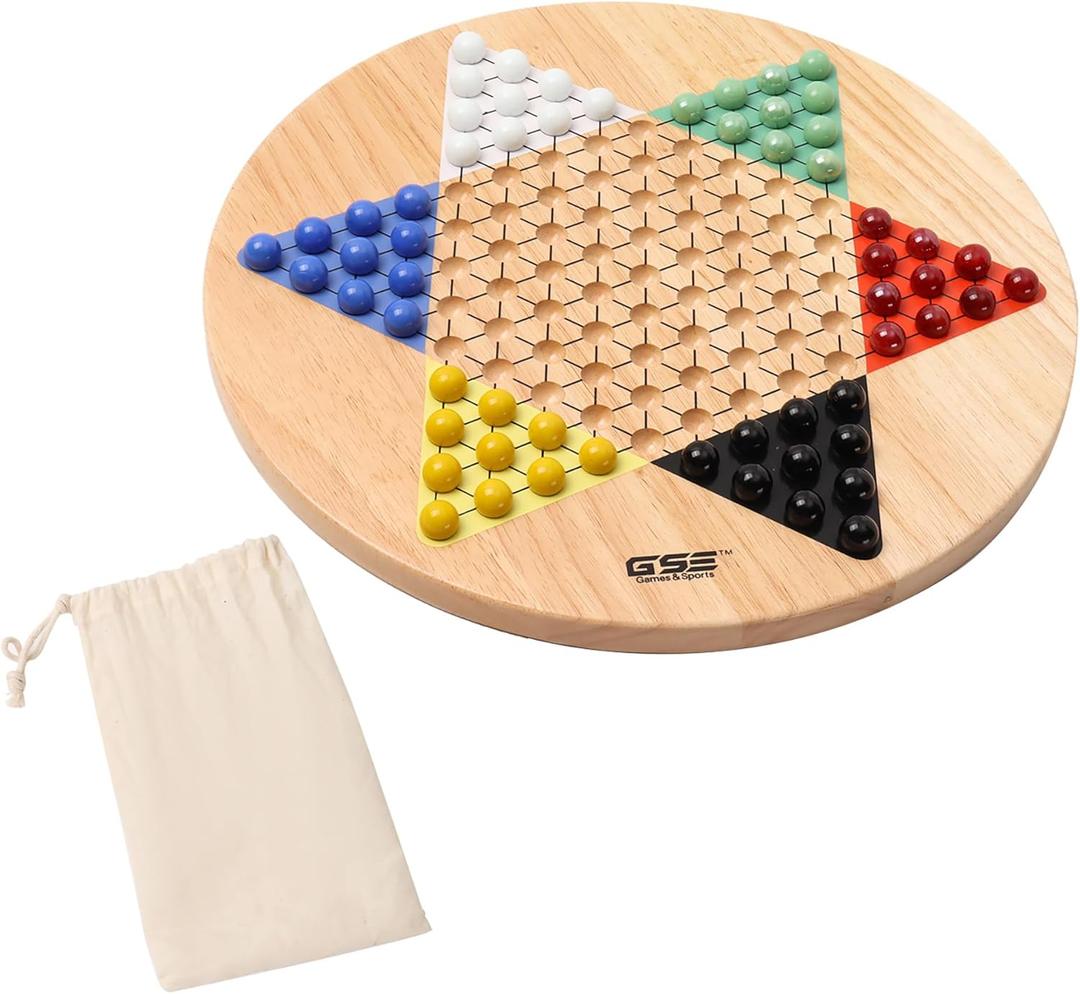 GSE Games & Sports Expert 15" Jumbo Oak Wood Chinese Checkers Board Game Set with Colorful Glass Marbles, Classic Strategy Family Board Game for Adults