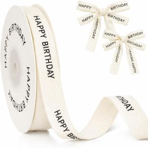 GCQQ Happy Birthday Cotton Ribbon - 5/8 Inch x 10 Yards Natural Twill Tape Herringbone Birthday Ribbons for Gift Cake Boxes Wrapping Baking Crafts Home Bouquet Decor