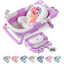 TPN Collapsible Baby Bathtub, Baby Bath Tub with Soft Cushion & Real-Time Thermometer, Baby Bathtub Infant to Toddler Tub (0-36 Months), Portable Newborn Travel Bath tub (Lavender)