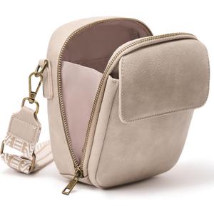 Yarnic Small Crossbody Bag, Vegan Leather Cell Phone Purse for Women, Vintage Wallet Bag with Card Slots (Beige Gray-wide Strap a)