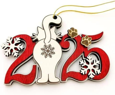 Cat Christmas Ornament – 2025 Cat Christmas Tree Hanging Ornament - Cute Wooden Kitten Tree Decoration with Snowflakes & Paw Prints for Kitten Lovers, Pet Owner Christmas Décor Pack of 5