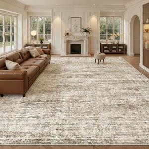 Soalmost 10x14 Area Rugs for Living Room, Non Slip Machine Washable Vintage Rugs, Low Pile Lightweight Large Rug for Bedroom, Dining Room, Home Office Brown