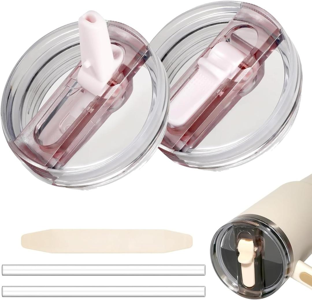 2 Pack 40 oz Tumbler Flip Straw Lid for Stanley Quencher ProTour Leak Proof Lid Replacement for Stanley H2.0 Quencher, Spill Proof Reusable for Stanley Cup Accessories(Rose Quartz *2, 40 oz)