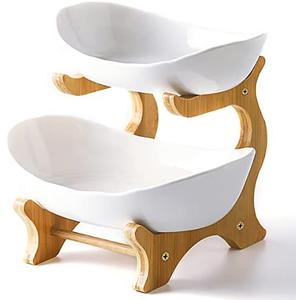 Liywall - 2 Tier Ceramic Fruit Bowl With Bamboo Wood Stand for Kitchen Counter,Porcelain Fruit Basket for Vegetable Storage,Snack Dessert Cake Tray Plate Rack for Party Wedding - White