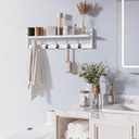 BAMEOS Wall-Mounted Wood Shelf with 5 Dual Hooks for Bathroom, Living Room, Bedroom (White-with Shelf)
