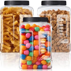 Ziliny 3 Pcs 1 Gallon Clear Plastic Jar with Lid Wide Mouth Square Screw Top Food Storage Containers, PET Plastic Empty Grip Jar Canisters for Candy Cookies Kitchen Food Safe(Black Lid)