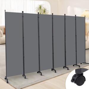 Room Divider 6 Panel Room Dividers/Wheels, Fabric Room Divider Panel for Office Room Partitions and Dividers, Portable Partition Wall Divider for Room Separation, Privacy Screen (Grey)