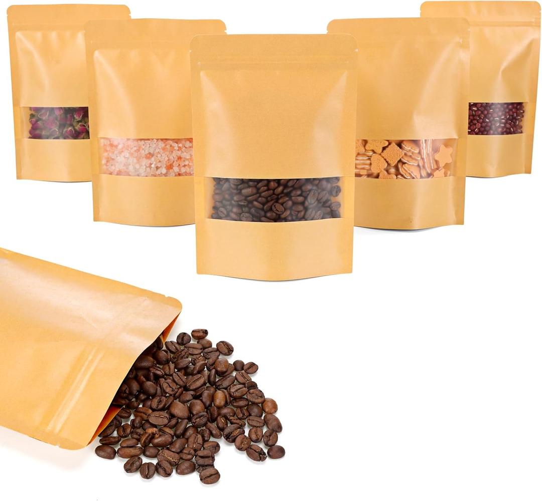 Moretoes 120pcs Resealable Bags, 5.9x8.6 Inches Kraft Bags with Window, Brown Ziplock Coffee Pouches for Home or Business