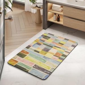 MontVoo -Bath Mat-Non Slip Thin Bathroom Rugs Fit Under Door- Quick Dry Absorbent Faux Suede Surface Grey Bathroom Floor Mats-Shower Rug for in Front of Bathtub Shower Colorful Plaid 16x24