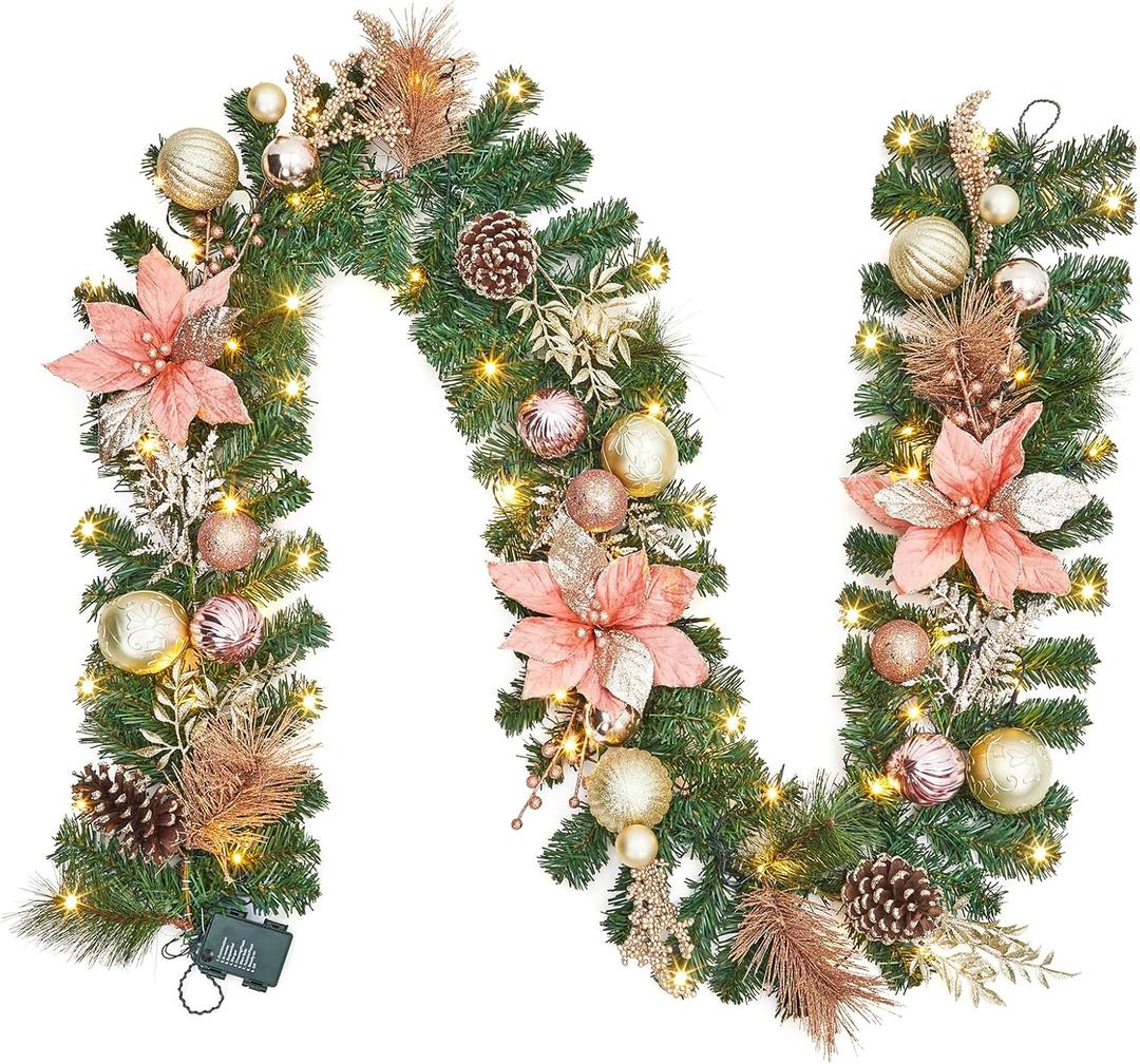 Garvee 9 ft Christmas Garland for Mantle, Pre-Lit Christmas Garland with Battery Operated 40 LED Lights Timer Ball Ornaments for Outdoor Fireplace Table Stair Railing Decoration (Rose Gold)
