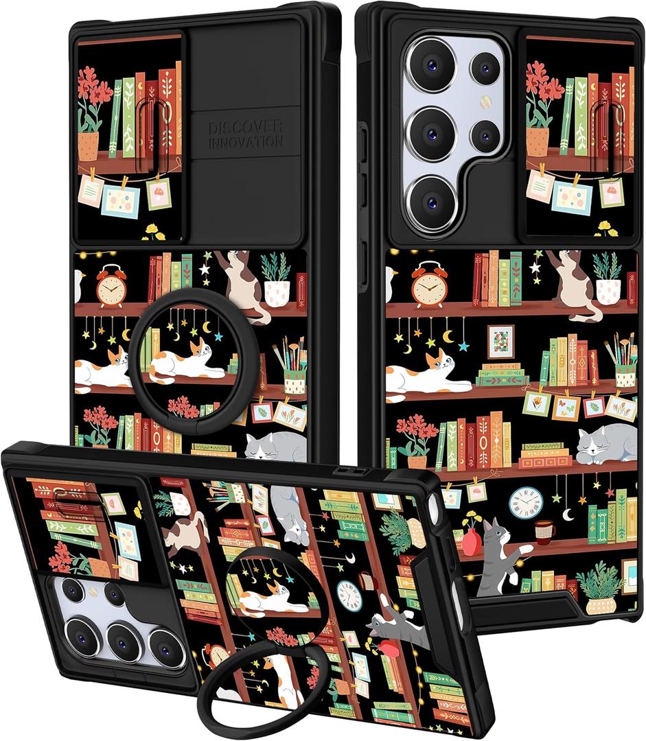 for Samsung Galaxy S25 Ultra Case - Women Girls Cute Phone Cover Pretty Aesthetic Unique Girly Cats Bookshelf Design with Camera Cover Ring Stand Funda for Samsung S25 Ultra Case, Bookshelf, Galaxy S25 Ultra