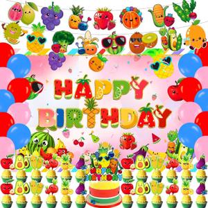 Fruit Theme Birthday Party Supplies Set - Fruit Birthday Party Decoration - Red, Green, Yellow, Orange - Birthday Banner, Garland, Cake Cupcake Toppers, Balloons