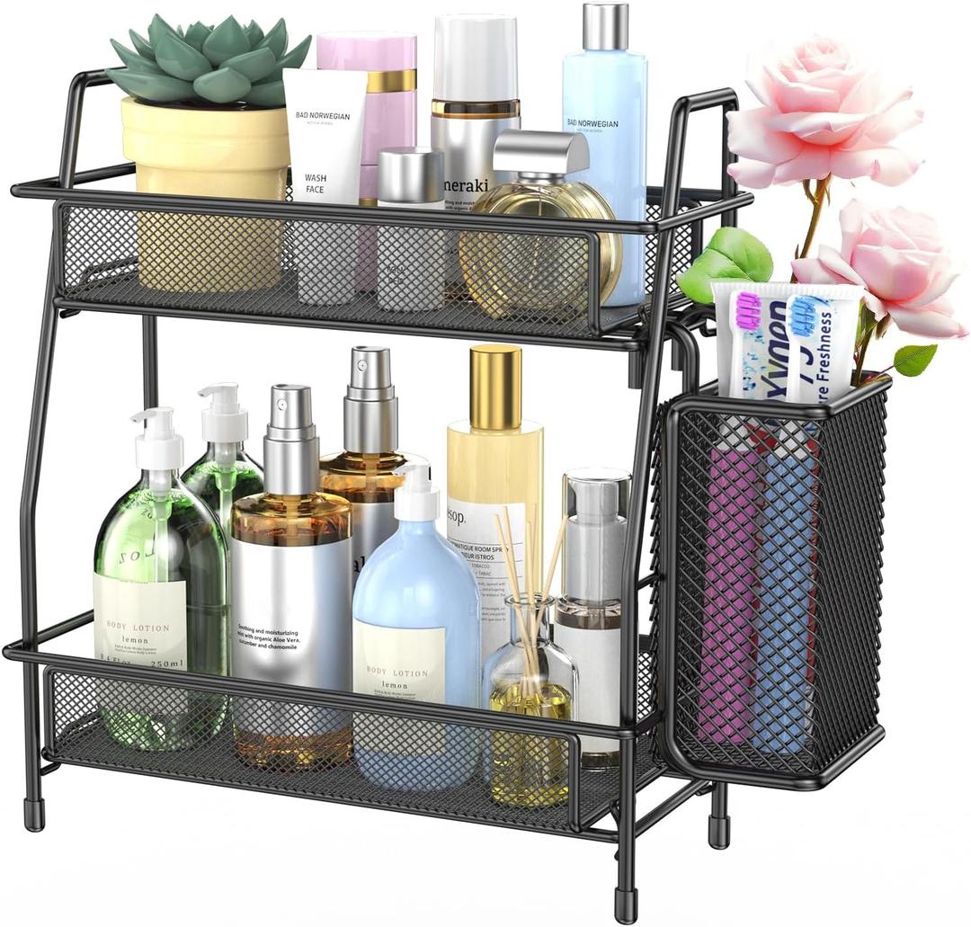 LEMIKKLE Countertop Organizer for Bathroom Counter, The Organizer for Bedroom, Spice Rack Organizer for Kitchen Counter Shelf with Small Basket(Black) (Black (Size: 7" x 12" x 13"))