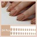8 x French Tip Press on Nails Short Almond Fake Nails with Designs Reusable Gold French Acrylic Nails Full Cover French Tips False Nails Nude Stick on Nails for Women Girls Manicure Nail Decoration 24Pcs