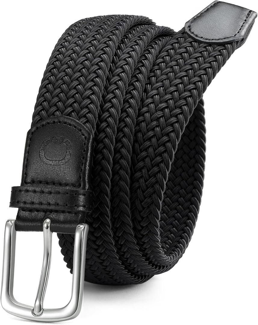 CHAOREN Mens Belt - Braided Stretch Golf Belt for Men 1 3/8"- Gift for Golf Pants Casual Shorts Jeans (Black / Silver)
