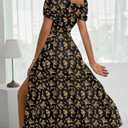 BLENCOT Womens Casual Summer Square Neck Short Sleeve Split Thigh Cotton Dress Boho Floral Print Tie Front Midi Dresses (Large, P220black)