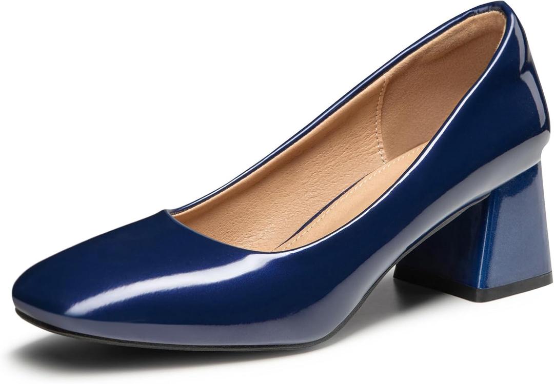 Heel The World Women's Pumps,Low Chunky Block Heels,Square Toe Patent Women Dress Shoes for Party Office (11, Blue)