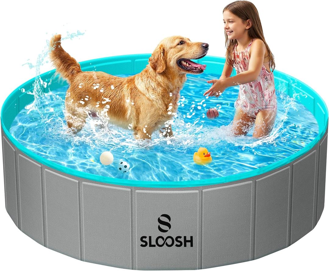 Sloosh Foldable Dog Kiddie Pool - Portable Hard Plastic Doggie Swimming Pool, Anti-Slip Collapsible Pets Bath Tub Suitable for Kids Indoor Outdoor Backyard Use (48" x 12", Grey) (Gray)