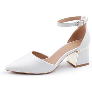 BCTEX COLL Womens Pointed Toe Pumps Shoes Ankle Strap Chunky Low Heels Metal Lined Sandals Designed for Women (White), size 8.5